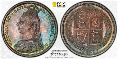 1887 6D S-3928 Shield Rev MS65