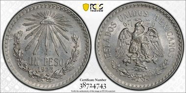 1923-M Peso KM-455  Ag AU58