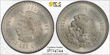 1947-Mo 5 Peso Cuauhtemoc KM-465 Ag MS64