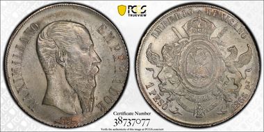 1866-Pi Peso Maximilian KM-388.2 Ag AU53