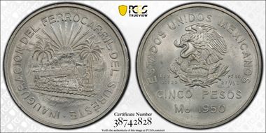 1950-Mo 5 Peso Southeastern Railroad KM-466  Ag MS65