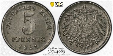 1921-D 5 Pfg J-297 MS64