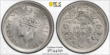 1943-L 1/2 Rup SW-9.61 AU58