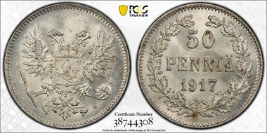 1917-S 50 Pen w/o Crown KM-20  Ag MS66+ 
