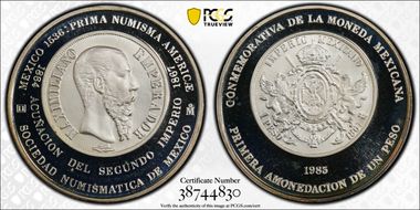 1985-Mo Medal Numismatic Society Ag 1867 Maximiliano Peso SP67