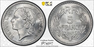 1947 5 Fr Gad-766a F-399 9 ouvert MS65