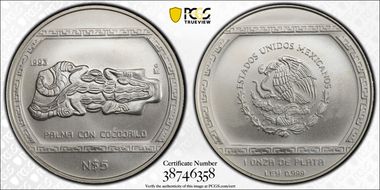 1993-Mo 5 Peso Palma con Cocodrilo MS67