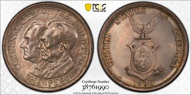 1936-M Peso Roosevelt-Quezon KM-177  Ag MS64