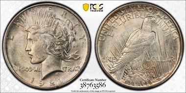 1921 $1 High Relief, Peace MS64