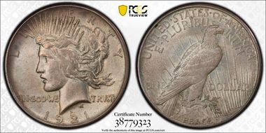 1921 $1 High Relief, Peace AU58