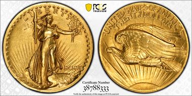 1907 $20 High Relief, Wire Edge AU53