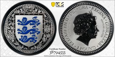 2018 £1 Royal Arms of England Blue Rev PR PR70