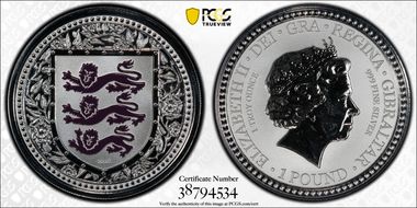 2018 £1 Royal Arms of England Purple Rev PR PR70