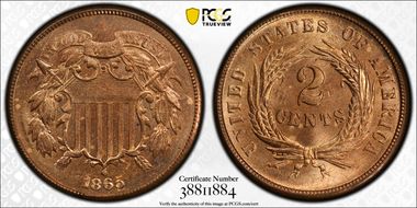 1865 2C Plain 5 MS64+ RD