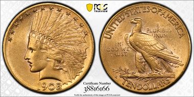 1908-D $10 Motto AU58