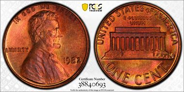 1982 1C Bronze, Large Date MS65RB