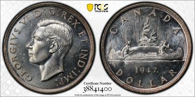 1947 S$1 Maple Leaf Doubled HP MS63