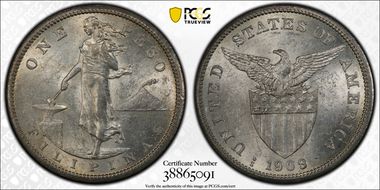 1909-S Peso KM-172  Ag AU58