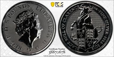 2018 £5 Black Bull of Clarence Queen's Beasts 2oz Ag MS67