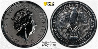 2019 £5 Falcon of the Plantagenets Queen's Beasts 2oz Ag MS69