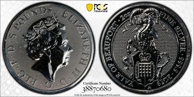 2019 £5 Yale of Beaufort Queen's Beasts 2oz Ag MS64