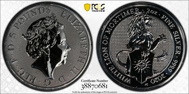 2020 £5 White Lion of Mortimer Queen's Beasts  2oz Ag MS67