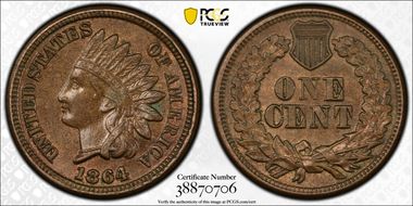 1864 1C Copper-Nickel AU58