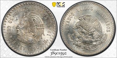 1948-Mo 5 Peso Cuauhtemoc KM-465  Ag MS62