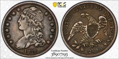 1838 25C Capped Bust XF40