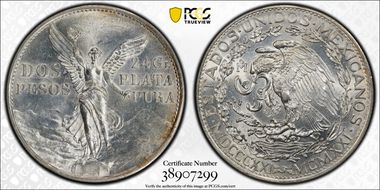 1921-Mo 2 Peso Centennial, 9 Tail F. KM-462  Ag MS62