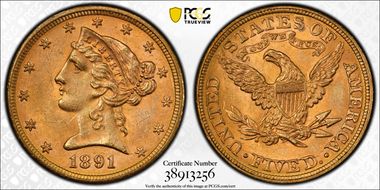 1891 $5 MS64