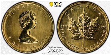1986 $5 Maple Leaf Au MS69