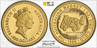 1986-P $100 Nugget Au PR67DCAM