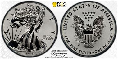 2019-W $1 Silver Eagle Enhanced Rev PR Pride of Two Nations, U.S. Set First Strike PR70