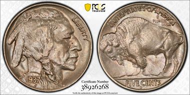 1937-D 5C 3 Legs AU58