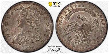 1836 50C 50/00, Lettered Edge AU58