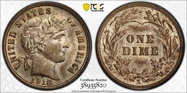 1916-S 10C Barber AU58+