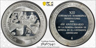 1986-Mo Medal 450th Anniversary Ag 1st Currency in the Americas PR68DCAM
