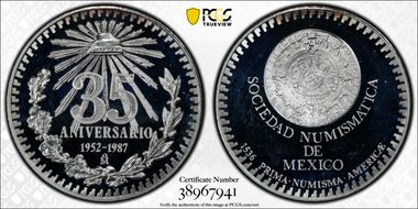 1987-Mo Medal Mexico Numismatic Society 35th Anniversary Silver PR67DCAM