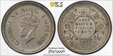 1945(B) 1/2 Rup SW-9.66 Large 5 AU53