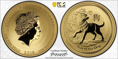 2018-P $100 Year of the Dog Au MS70
