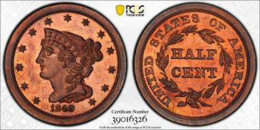 1849 1/2C Small Date, Restrike PR65RB