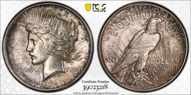 1921 $1 High Relief, Peace AU58