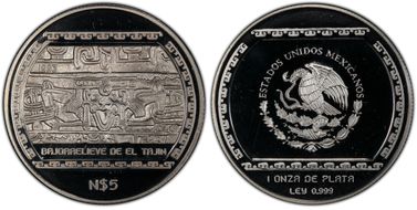 1993-Mo 5 Peso Bajorrelieve Del Tajin KM-569  Ag PR69DCAM