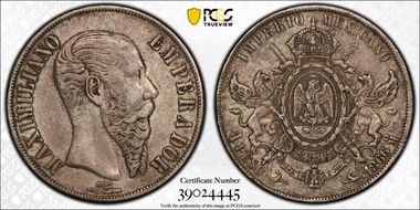 1866-Mo Peso Maximilian KM-388.1  Ag XF45