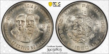 1960-Mo 10 Peso 150th Anniversary KM-476  Ag MS66