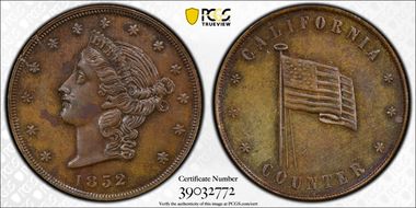 (1852) Tkn $20 K-6 California Counter Bronze MS61BN