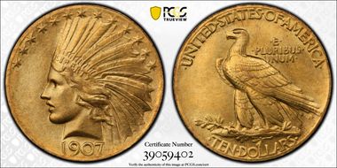 1907 $10 Indian, Wire Rim MS64