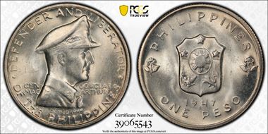 1947-S Peso Douglas MacArthur KM-185  Ag MS63