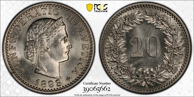 1893 B 20 Fr KM-31.3  Au MS64